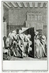 De baron... begroette Candide met enkele opmerkelijke schoppen op de achterste en dreef hem de deur uit, illustratie uit hoofdstuk 1 van Candide door François Voltaire (1694-1778) gegraveerd door Louis Michel Halbou