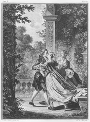 De eerste liefdeskus, deel I, pagina 37, illustratie uit ‘La Nouvelle Héloïse’ van Jean-Jacques Rousseau (1712-78), gegraveerd door Noël Le Mire (1724-1800)