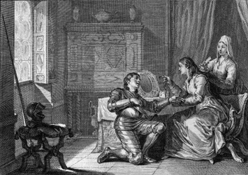 Een vrouw biedt een ridder een stoffen armband van haar haar aan als teken van liefde. 10e-11e eeuw. Gravure door Jean Michel Moreau, genaamd Moreau le Jeune (1741-1814)