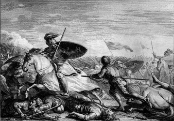 Slag bij Fontenoy, 841: vlucht van Lotharius I (795-855) na de nederlaag van zijn leger. Gravure door Jean Michel Moreau, genaamd Moreau le Jeune (1741-1814)