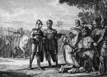 Slag bij Tertry, 687: winnaar van het leger van Neustrië, Pepijn de Jonge of Herstal (circa 653-714), prins van Austrasië, erkent de autoriteit van de koning van Neustrië Thierry III (657-691). Gravure door Jean Michel Moreau, genaamd Moreau le Jeune (1741