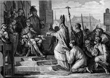 Karel de Grote (747-814), koning van de Franken, ontvangt de ijzeren kroon van Lombardije uit handen van de bisschop van Milaan, 774. Gravure door Jean Michel Moreau, genaamd Moreau le Jeune (1741-1814)