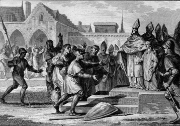 Karel III de Eenvoudige (879-929) wordt hersteld op de troon van Frankrijk door Foulques, aartsbisschop van Reims, 892. Gravure door Jean Michel Moreau, genaamd Moreau le Jeune (1741-1814)