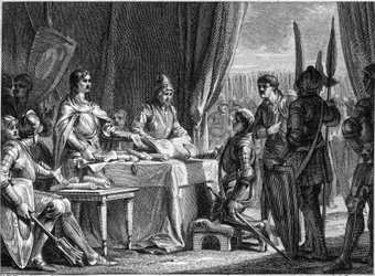 Karel Martel (688-741), koning van de Franken, verdeelt de goederen van de kerk onder zijn soldaten, 718. Gravure door Jean Michel Moreau, genaamd Moreau le Jeune (1741-1814)