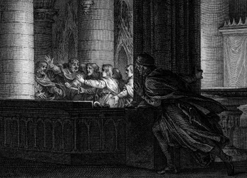Samenzwering tegen Karel de Grote, 792: een heer verrast het gesprek tussen samenzweerders die de moord op de koning der Franken beramen. Onder hen Pepijn de Gebochelde (769-811), zoon van Karel de Grote. Gravure door Jean Michel Moreau, genaamd Moreau de
