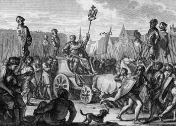 Defilé door Filips II August (1165-1223) in de straten van Parijs, na de overwinning van het Franse leger tegen de Vlamingen en Welfen van Otto IV in de Slag bij Bouvines