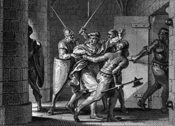Gevangenneming van Karel III de Eenvoudige (879-929), 923: Gelovend dat hij toevlucht zou vinden bij Herbert van Vermandois, werd de voormalige koning van de Franken verraden door de laatste en naar de gevangenis gestuurd. Gravure door Jean Michel Moreau, 