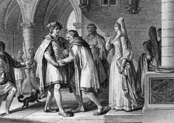 Filips I (1052-1108), koning van de Franken, bezoekt het hof van de graaf van Anjou, Foulques le Rechin (1042-1109). Deze reis is een voorwendsel om zijn huwelijk met Bertrade de Montfort (ca. 1070-1118), vrouw van de graaf, te regelen. 1095. Gravure door 