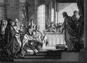 Paus Gregorius III (overleden 741) vroeg om hulp van de koning van de Franken, Karel Martel (688-741), om de Lombardische troepen van Italië af te weren, 741. Gravure door Jean Michel Moreau, genaamd Moreau le Jeune