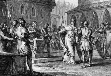 Opstand tegen Karel III de Eenvoudige door de heren onder leiding van Robert (865-923) die in 922 koning van Frankrijk werd als Robert I, Soissons 920 (gravure)