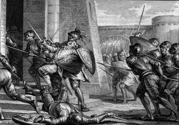 Robert de Sterke stierf (circa 815-866), hertog van Frankrijk, tijdens de Slag bij Brissarthe in 866, waarbij de Franken tegenover een leger van Bretons en Vikingen stonden. Gravure door Jean Michel Moreau, genaamd Moreau le Jeune
