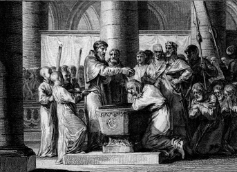 Oorlog tegen de Saksen, 785: doop van Witikin van Saksen (of Widukind, Wittekind). Verslagen door het leger van Karel de Grote stemde de leider van de Saksen ermee in zich tot het katholicisme te bekeren. Gravure door Jean-Michel Moreau, genaamd Moreau le