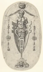 Mannelijk eindfiguur, torso met baard en tulband op een halve lengte voetstuk ingesloten