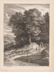 Landschap met reizigers met een kar op een pad