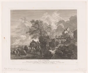 Landschap met reizigers bij een waterval