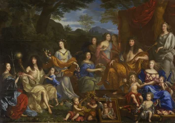 Frans: Portrait mythologique de la famille de Louis XIV Mythologisch portret van Louis XIV en de koninklijke familie