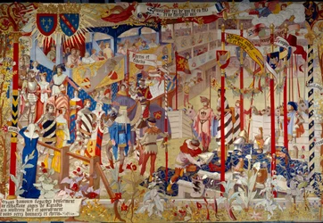 Toernooiscène aan het einde van de 14e eeuw. Wandtapijt des Gobelins ter decoratie van de openbare zaal van de Archives Nationales in Parijs met een karton geschilderd door de kunstenaar Jean-Paul Laurens (1838-1921)