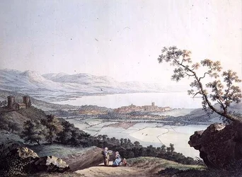 Uitzicht op Genève vanuit Saconex in Savoye, gegraveerd door Jean Philippe Linck II (1770-1812) en Jacob Philippe Hackert (1737-1807)