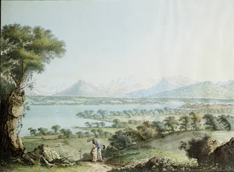 Uitzicht op de Mont Blanc met Genève op de voorgrond, gegraveerd door Jean Philippe Linck II en Jacob Philippe Hackert