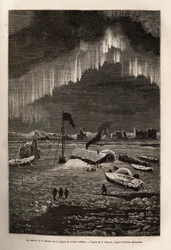 Na het verlaten van hun schip, bouwde de bemanning van La Hansa een kamp op een drijvende ijsschots, verlicht door het noorderlicht, gravure naar de tekening van J.Moynet, ter illustratie van de reis van de schepen La Germania en La Hansa naar de Noordpool