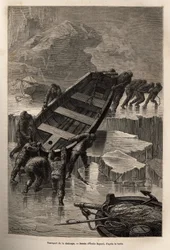 Na de vernietiging van hun geïmproviseerde kamp, droeg de bemanning van La Hansa de boten en het materiaal dat van hun schip was teruggevonden, van de ene ijsberg naar de andere, om de expeditie voort te zetten en hulp te vinden bij een eskimokamp, gravure