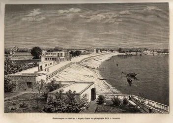 Chandernagor (hedendaags Chandannagar, in West-Bengalen), aan de oevers van de Ganges, gravure naar de tekening van J.Moynet, ter illustratie van de reis in India van de Rajahs, in 1864-1868, door Louis Rousselet, gepubliceerd in 