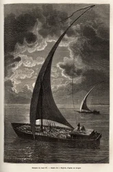 De boten van de boven-Nijl, verminderde bemanning en passagiers slapend op het dek, bij maanlicht, gravure naar de tekening van J.Moynet, ter illustratie van de reis naar het hart van Afrika in 1868-1871, door Dr. Georges Schweinfurth, gepubliceerd in 