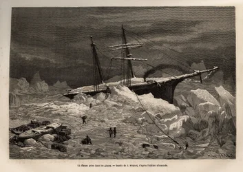 Het Duitse schip La Hansa gevangen in het ijs, de bemanning haast zich om de nodige voorwerpen en voorraden uit te pakken, voordat ze het schip verlaten en de expeditie op het ijs voortzetten, gegraveerd naar de tekening van J. Moynet, ter illustratie van 