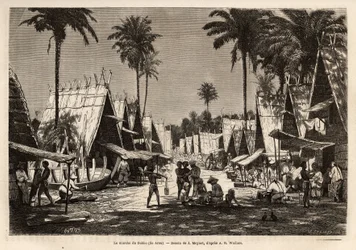 De mars van Dobbo, op het eiland Arou, een havencentrum, geanimeerd door vele kooplieden en scheepsbouw, gegraveerd naar de tekening van J. Moynet, ter illustratie van de reis naar de Maleisische archipel in 1854-1862, door Alfred Russell Wallace (1823-191