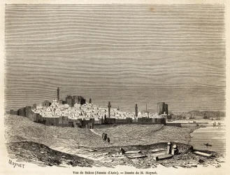 Zicht op Bakoe (Rusland, Azerbeidzjan), tekening door Mr. Moynet, ter illustratie van de reis naar de kust van de Kaspische Zee, in oktober 1858, door Mr. Moynet. Gravure in 