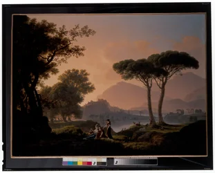 Ochtend en Avond: Een klassiek landschap met herders en nimfen bij een meer, een kasteel op een heuvel op de achtergrond