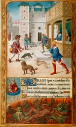 Miniatuur met Dives, feestend met zijn vrouw en benaderd door Lazarus, in een stadsgezicht, gevolgd in de onderste rand door Dives gekweld door demonen en bekeken door de ziel van Lazarus, die door God in de hemel wordt gehouden