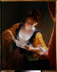Jonge vrouw die een brief leest, 18e eeuw, zon, 0,99 x 0,81 m