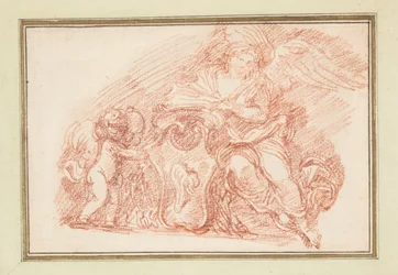 Gevleugelde figuur en putto die een wapenschild ondersteunen