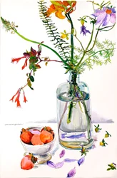 Florale studie met granaatappels (aquarel en inkt op papier)