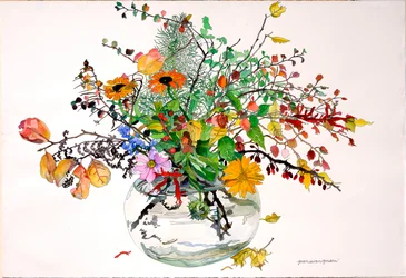 Volheid van herfst in glazen kom (aquarel en inkt op papier)