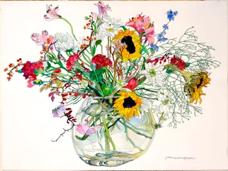 Late zomer in glazen kom (aquarel en inkt op papier)