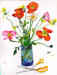Klaprozen, blauwe vaas  schaar (aquarel  inkt op papier)