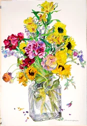 Zonnebloemen, Godetia, Alstroemeria, Ranonkel