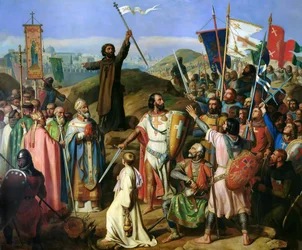 De barrevoetse processie van kruisvaarders rond de stadsmuren van Jeruzalem, 14 juli 1099