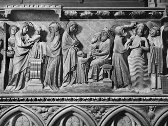 Kathedraal, interieur, koorscherm, Presentatie van Jezus in de Tempel, Jezus onder de Dokters, Doop van Christus, ca. 1340-51
