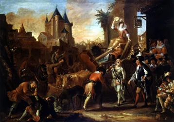 Aankomst van de komedianten in Le Mans. Schilderij ter illustratie van 