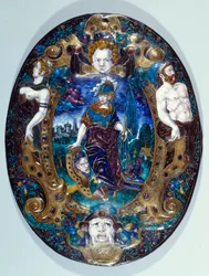 Geschilderd emaillen dienblad met Minerva op een landschap achtergrond gemaakt door Jean Court dit Vigier (16e eeuw) (schilder emailleur in LIMOGES) Parijs, Louvre Museum