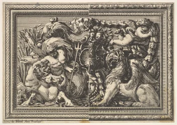 Ontwerp voor een paneel met twee varianten met een hippocampus en een griffioen, uit: Ornements..., 1651
