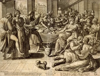 Diner door Jan Sadeler I (1550-1600), gravure