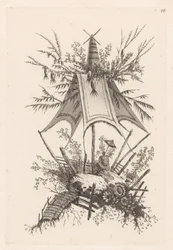 Man met parasol onder tent