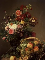Stilleven met Bloemen en Fruit in een Mand