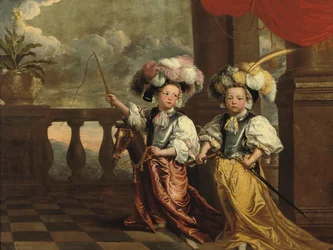 Een dubbelportret van twee jongens, verkleed als ridders, een met een fluit, de ander op een stokpaard met een zweep, beide op een balkon, 1668