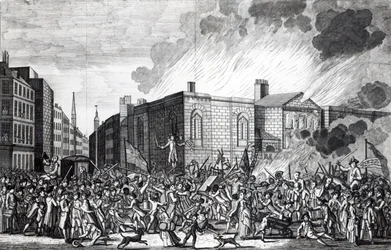 Een exacte weergave van de brand, plundering en vernietiging van Newgate door de relschoppers op de gedenkwaardige 7 juni 1780, gegraveerd door Henry Roberts, 1781