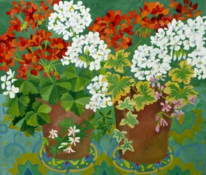 Rode en witte geraniums in potten, 2013 (acryl op doek)